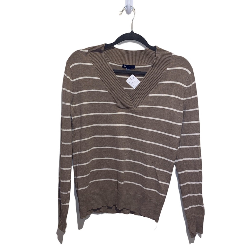[GAP] White/Brown Striped V-Neck Sweater